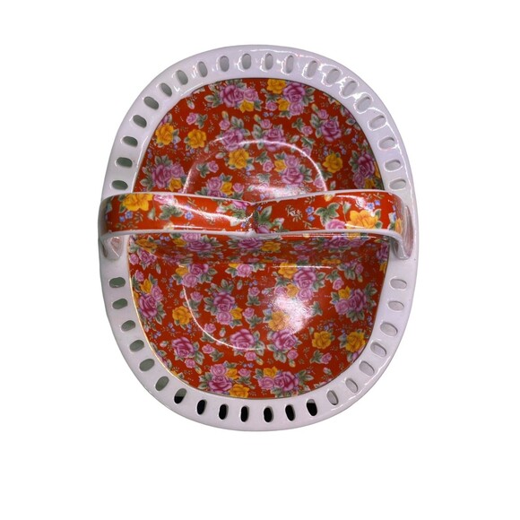 Jay & Sons Ceramic Basket Divided  w/ Handle Red White Floral Gold Rim - Picture 9 of 15
